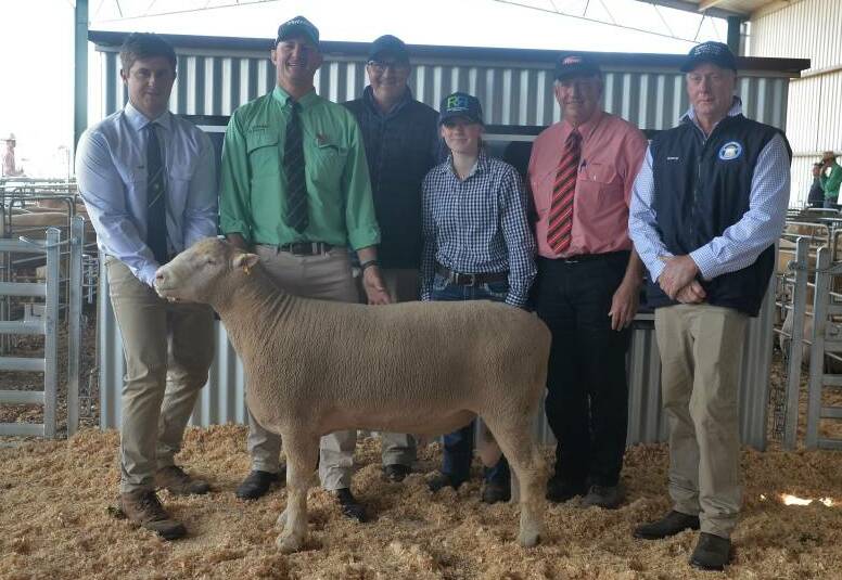 Sam and Garry Armstrong (right), Armdale Park Poll Dorset Stud, James Croaker, Nutrien Ag Solutions, Wagga Wagga, Karl and Harriett Sinclair, Boree Park Poll Dorset Stud, Lidster, and Steve Ridley, Elders, with the $29,000 top priced ram.