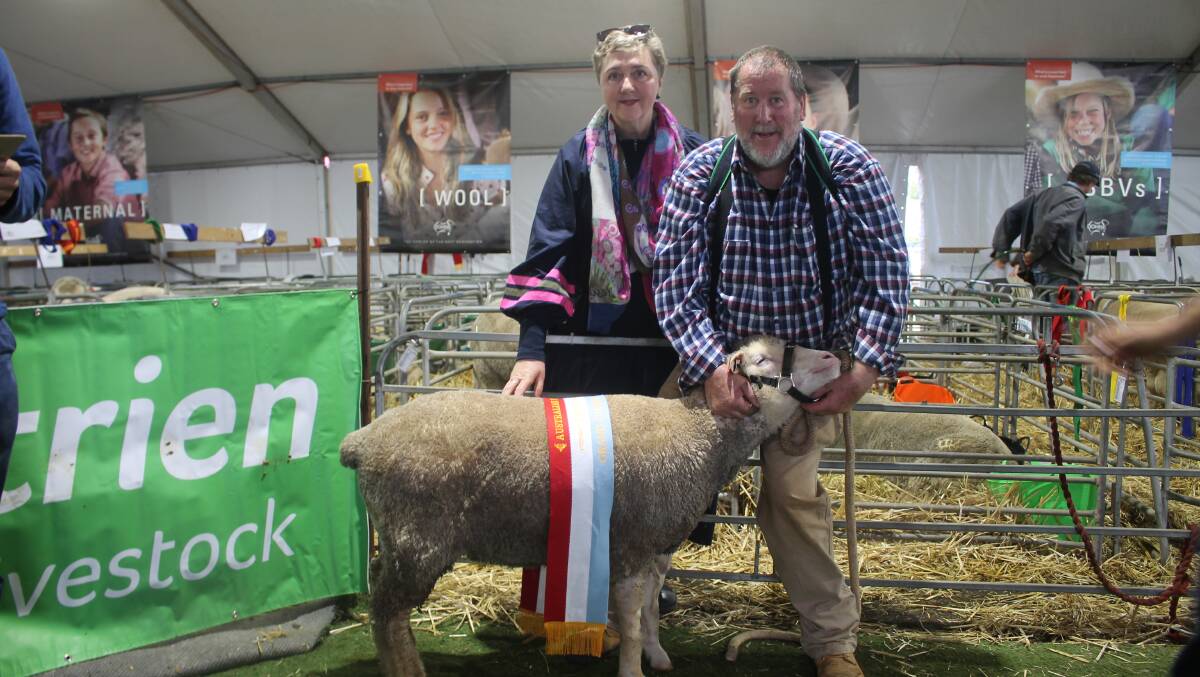 Liz and Greg Hall, Ulooloo, Hallett, SA, who won the Carol Hale memorial sash for grand champion ewe in the Dohne competition. Picture by Philippe Perez