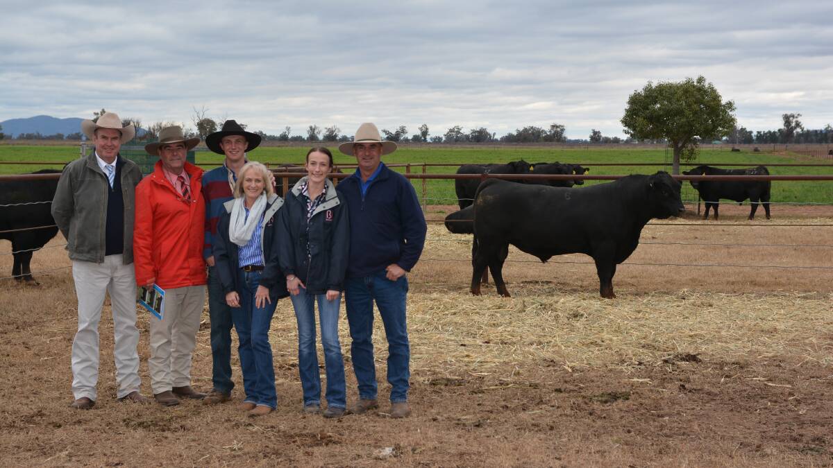 Auctioneer Paul Dooley, Elders Stud Stock's Brian Kennedy with vendors Hayden, Margaret, Amy and Tim Vincent with the $50,000 top selling bull at Booragul Angus sale.