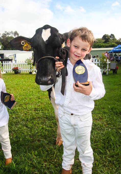 Hugo Daley, Ourway Holsteins, Millaa Millaa, was all smiles after winning the junior parader (8 years and under). Photo by Lea Coghlan
