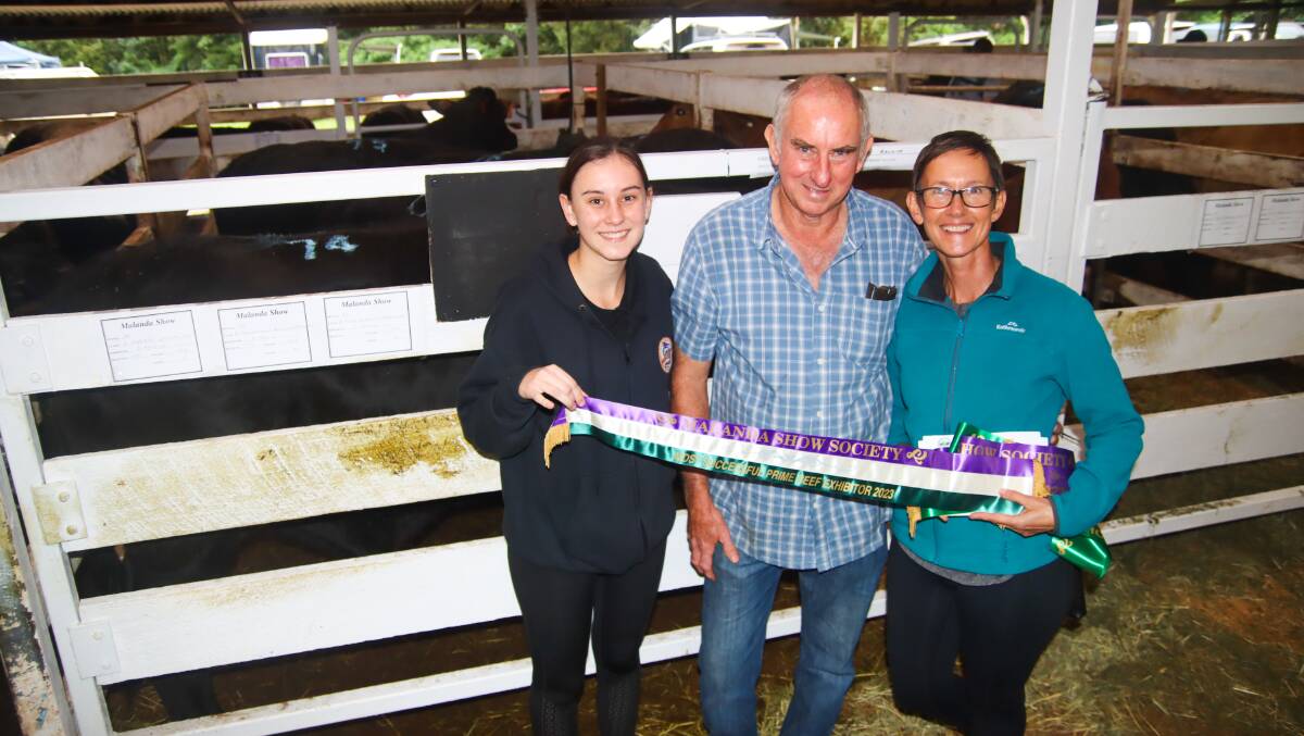 The Rankine family - Georgia, Owen and Roma - celebrate their success in the prime beef cattle section at the 2023 Malanda Show. Photo by Lea Coghlan