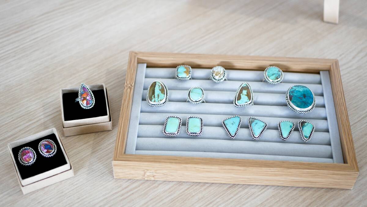 A collection of Remy's silver pieces using turquoise and shattuckite stones. Picture by Ellouise Bailey 