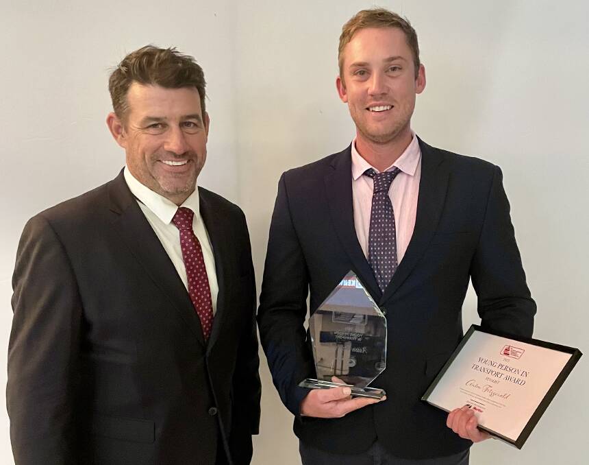 Livestock and Rural Transporters Association of Queensland president Gerard Johnson with Young Person in Transport Award 2023 winner Anton Fitzgerald. Picture: Judith Maizey