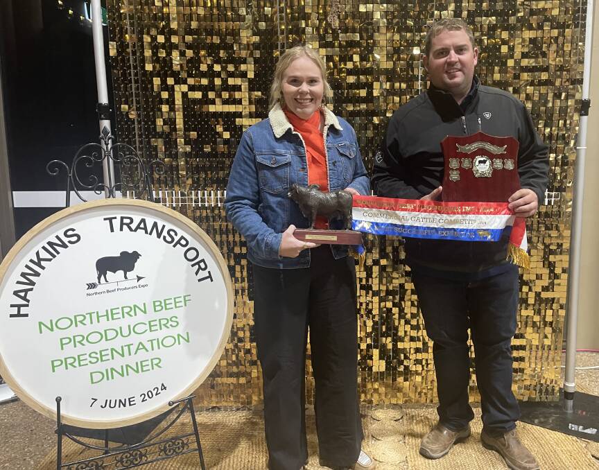 Kada Jodrell with Robert Rea of Lisgar Station who took home the Most Successful Exhibitor award at this year's Northern Beef Producers presentation dinner. Picture: Steph Allen