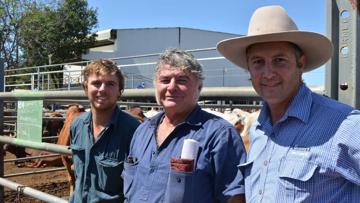 Steer success: Vendors Kris and John Mastrippolito,Ingham, with agent Matthew Geaney, Geaneys Real Estate & Livestock at the Dalymple Saleyard, Charters Towers. The Mastrippolito's topped the sale with a heavy steer selling for 289.2c/kg to return $1735.20.