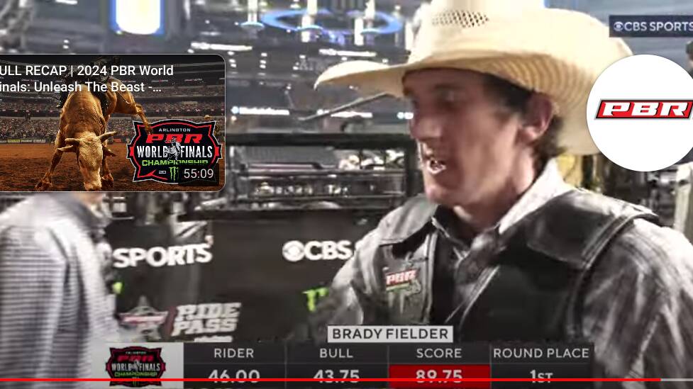 Brady Fielder after his ride on Hoka Hey for 89.75 points in round 1 of the 2024 PBR world finals at Arlington, Texas on the weekend.