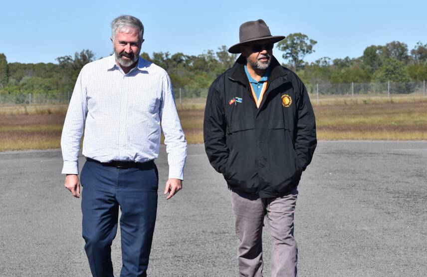 Assistant Minister for Regional Development Anthony Chisholm inspecting the Woorabinda Airport with Woorabinda Aboriginal Shire Council town service manager Reginald Cressbrook. Picture: Supplied