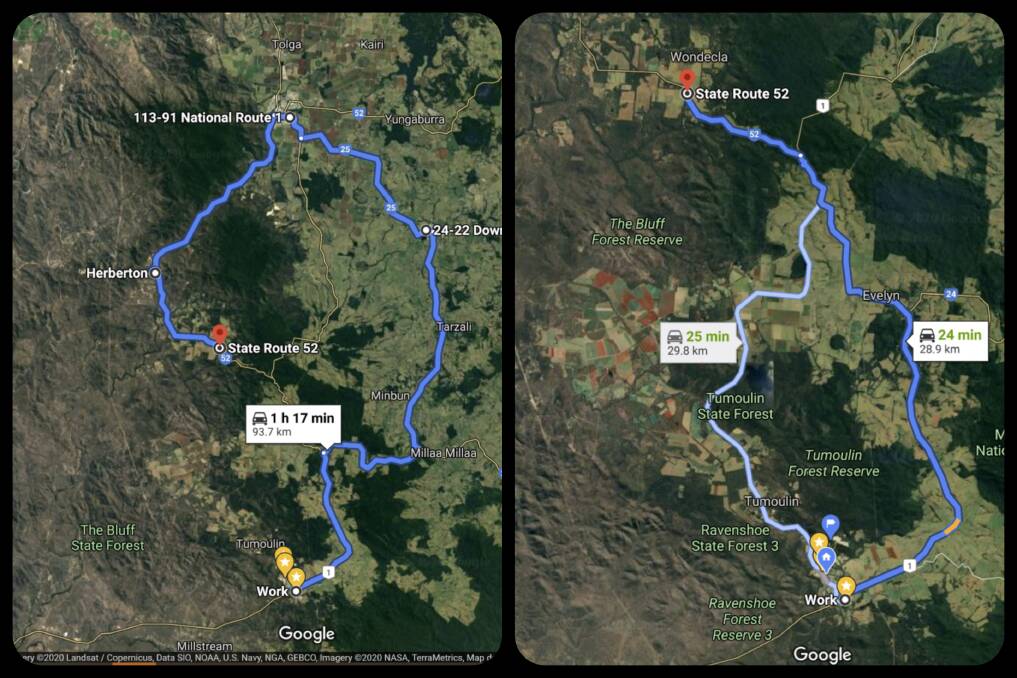 The longer route trucks are currently made to travel on, and the shorter route they would prefer to traverse. Google Maps collage.