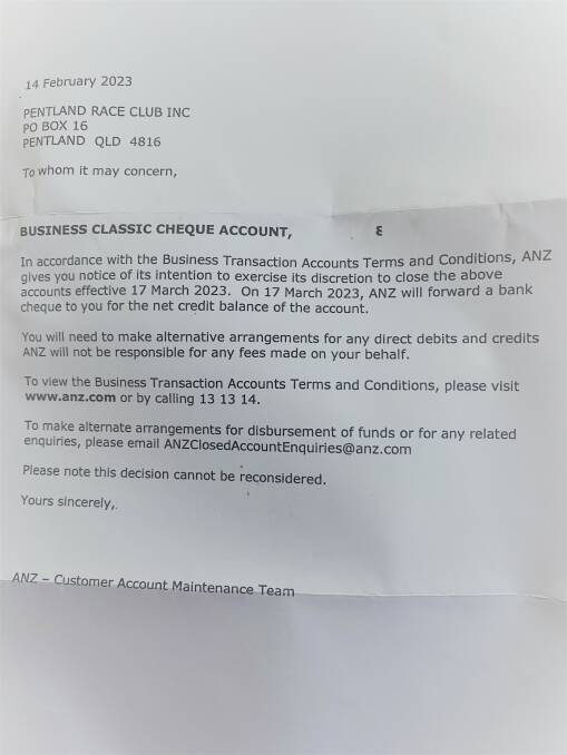 The letter received by the Pentland Race Club, from ANZ Bank. Picture supplied.
