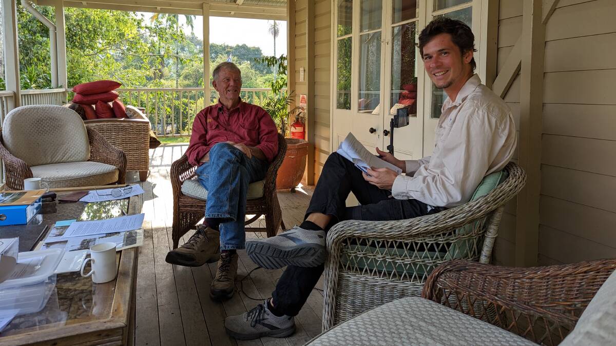 John Colless of Weatherby Station, Mt Molloy, being interviewed for the Gulf Savannah Story at Weatherby homestead by Mitchell Jeffrey. Picture: supplied