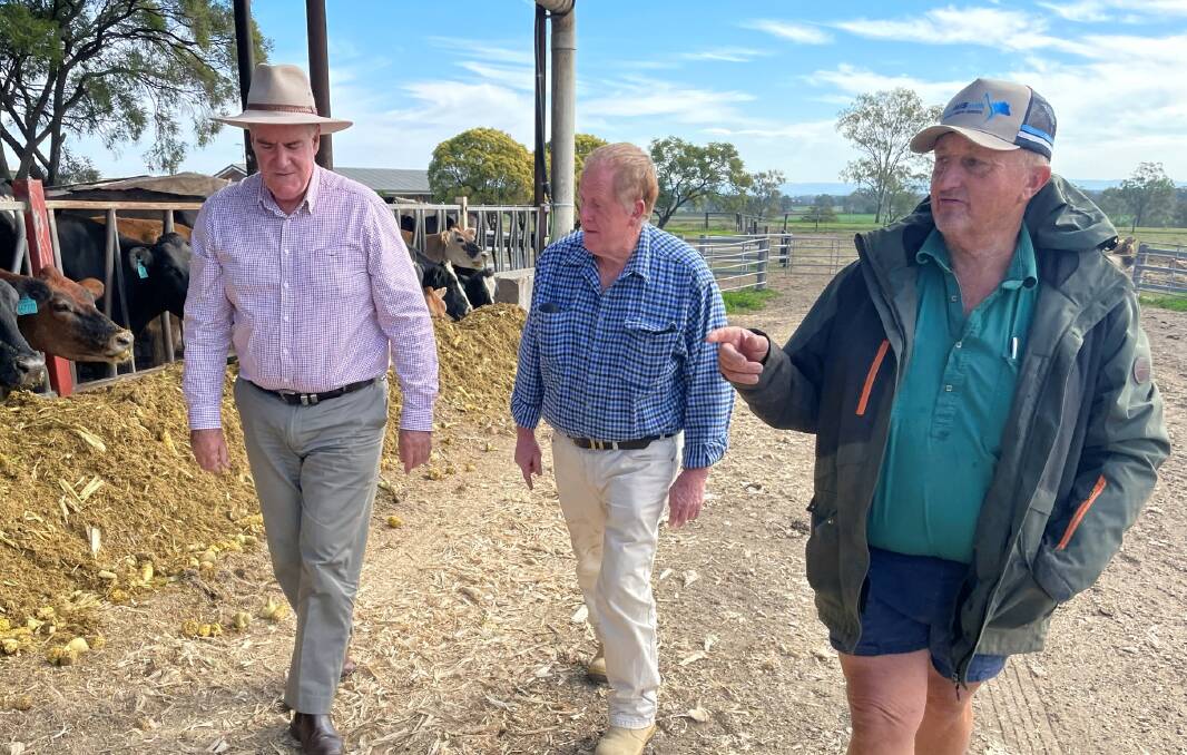 Queensland Agriculture Minister Mark Furner with Joe Bradley and Errol Gerber during the farm visit. Picture supplied