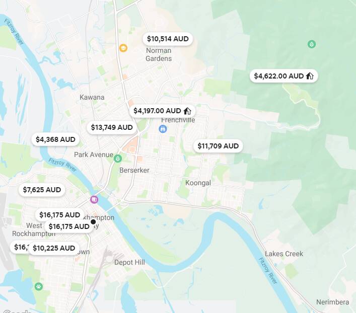 To book from May 4-11, 2024, in Rockhampton on AirBnB, some houses are around $13,000 to $16,000. For the same dates a month earlier, most houses are only around $2000. Map supplied by Airbnb 
