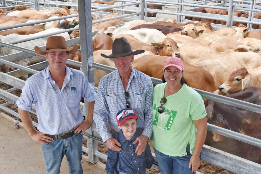 RBV Rural livestock agent Jarvis Thomas, with his parents Ray and Kelly Heslin and brother Bill, 6, who sold a run of Charolais cross feeder steers, with the top pen making 340c/kg. 
