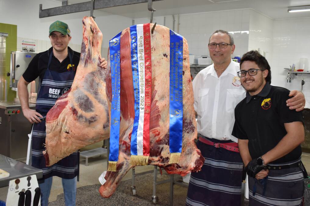 Babinda Meat Mart owner Tootie Nucifora, with his son and butcher Mark Nucifora and apprentice butcher, Riley Collins, alongside the Hampton's champion beef carcase. Picture supplied by Wendy Nucifora 