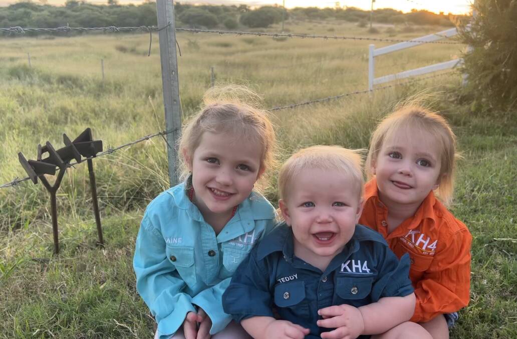 Laine, 4, Teddy, 1, Minna Malone, 2, with their family's KH4 brand. Pictures supplied 