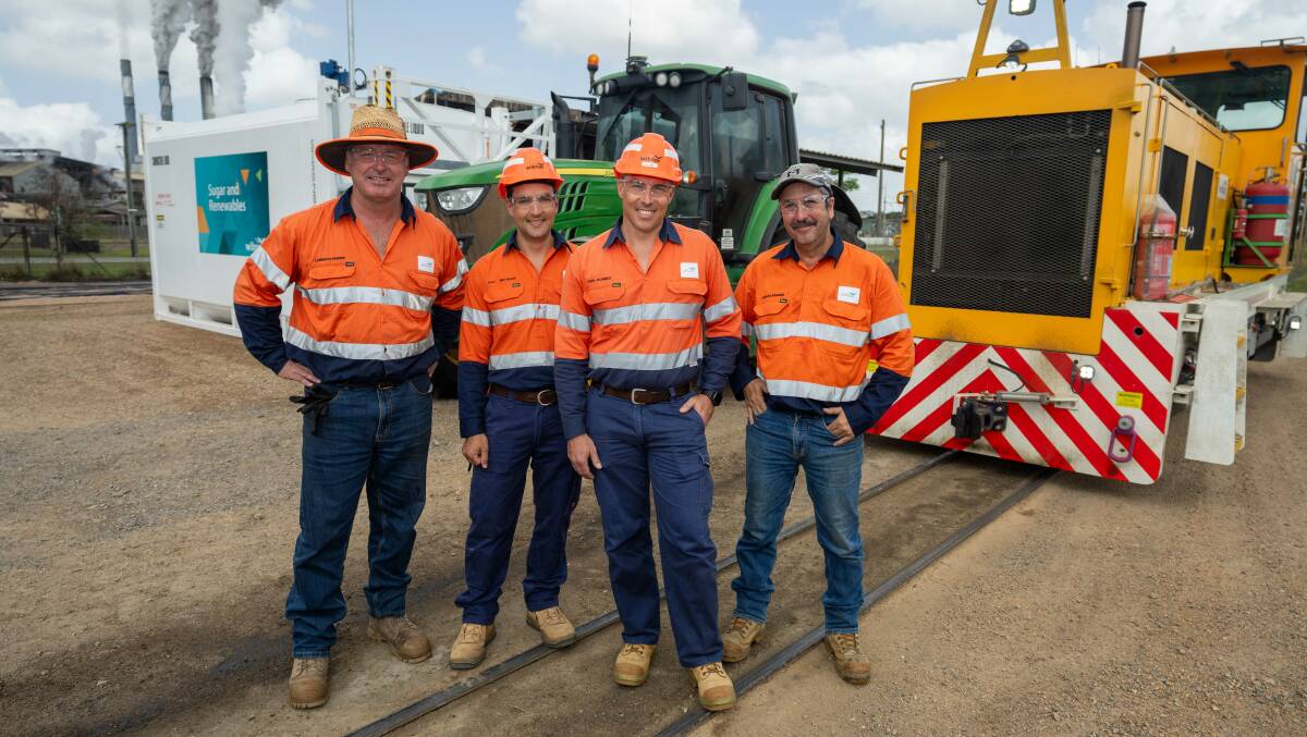 Launching the HVO trial at Wilmar's Herbert Mill, Herbert Farms Operations Manager Cameron Barber, Reliability Engineer Jesh Matthews, Group Manager for Mobil Carl Schmidt and Herbert Locomotive Driver Trainer Anthony Marmara. Photo supplied.