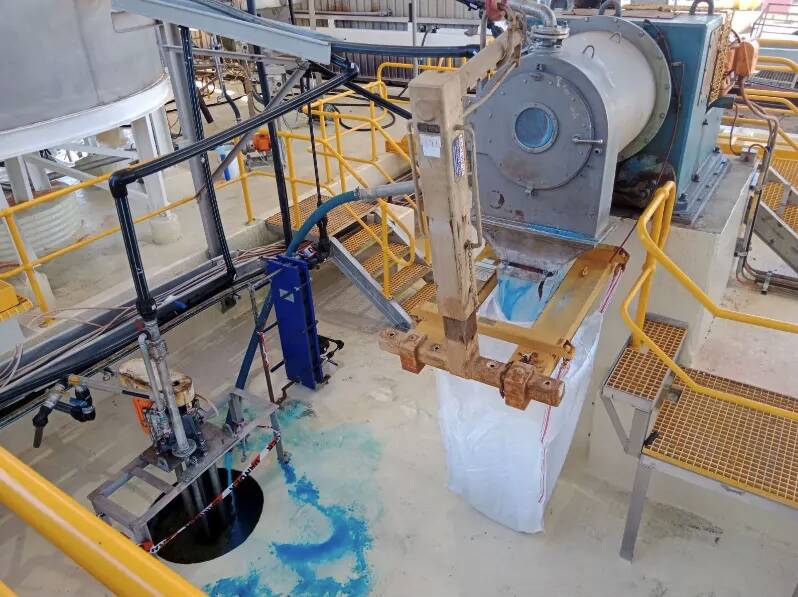 Copper sulphate crystal loaded into a Bulka bag from the plant centrifuge at the Cloncurry Project Copper Sulphate Plant. Photo supplied.
