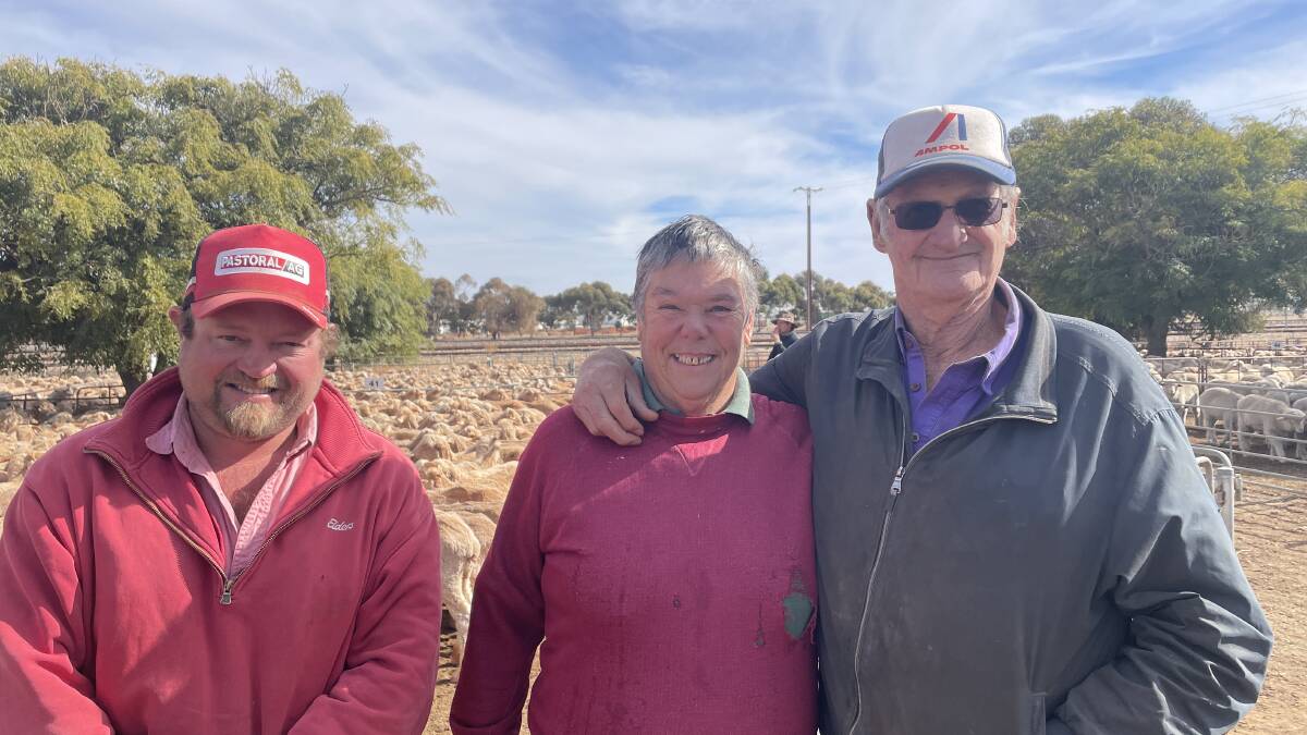 Michael Foster, Elders, with Ann Blucher and Con Lavington, Orroroo, SA, who were watching the sale at Jamestown, SA. Picture by Kiara Stacey
