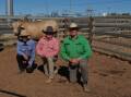 Scott Taylor, GDL, Winton, Mavryn Remfrey, Elders, Winton, and Roderick Binny, Glenlea Beef, with the top priced bull Glenlea Pheonix T318 R/F (P) who sold to first time buyers JWG Contracting, Beaufort, Alpha. Picture supplied. 