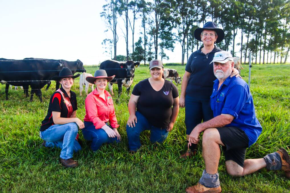 Current Atherton Showgirl Sascha Micola Von Furstenrecht, chief stewards Paige Schofield and Louise Garard, and Anne and Bill Cover, Beki Speckle Park, Tinaroo. Beki Sugar and Spice (at rear) will be entered in the new on-farm beef competition.
